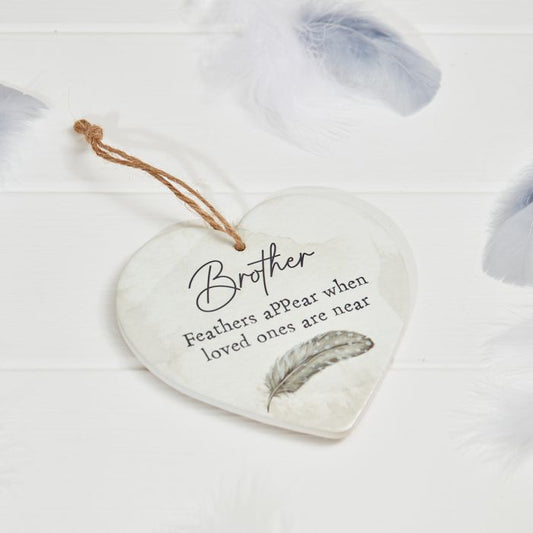 GREY FEATHER BROTHER MEMORY HEART HANGER WATERCOLOUR CERAMIC