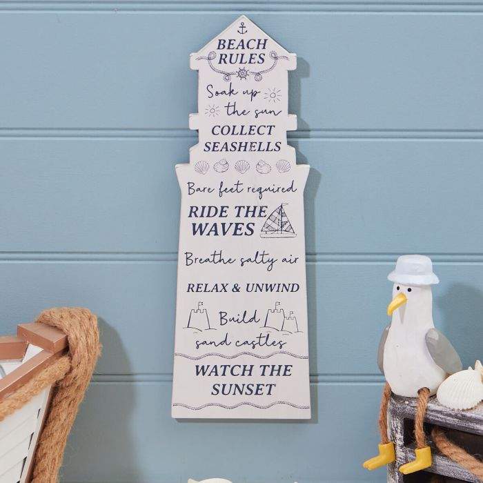 LIGHTHOUSE SHAPED BEACH RULES PLAQUE WHITE & BLUE WOOD