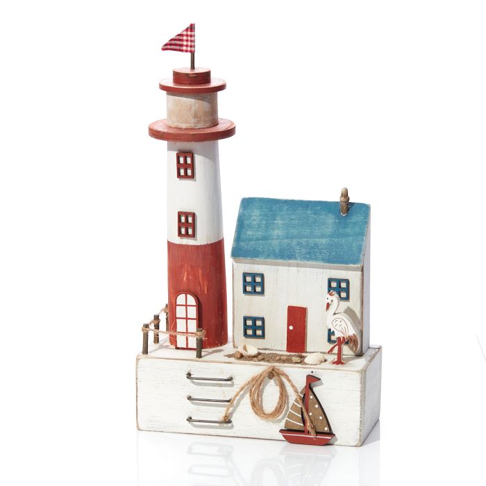 LIGHTHOUSE ORNAMENT ON BASE WITH HOUSE RED & WHITE WOOD