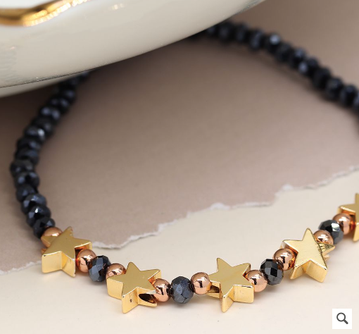 MIDNIGHT BLUE SPARKLE BEAD BRACELET WITH FAUX GOLD STARS