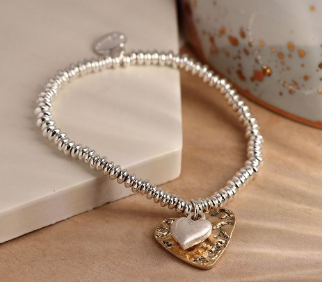 SILVER PLATED BEAD BRACELET WITH GOLDEN HAMMERED HEART AND SILVER PUFF HEART
