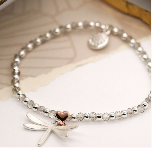 SILVER PLATED BEADED BRACELET WITH MATT DRAGONFLY CHARM