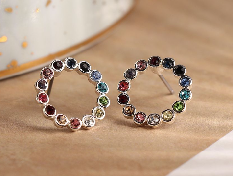 SILVER PLATED CIRCLE STUD EARRINGS WITH MULTICOLOURED CRYSTAL INSET