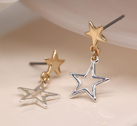 SILVER PLATED/FAUX GOLD STAR DOUBLE DROP EARRINGS