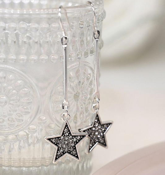 SP POST DROP EARRINGS WITH SILVER SPARKLY STARS